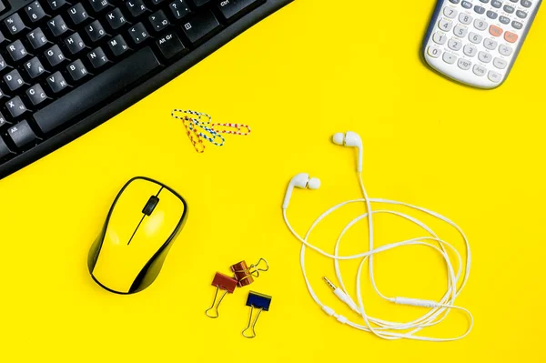 flat lay workspace yellow computer mouse, office accessory
