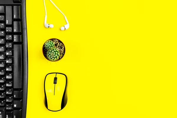 flat lay workspace yellow computer mouse, cactus on yellow background with copy space