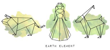 Zodiac takımyıldızı. El karalama burç işaretleri yarattı, suluboya arka planda toprak elementleri seti. Origami burcu. 