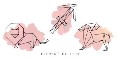 Zodiac takımyıldızı. Elle çizilmiş burç tabelaları, suluboya arka planda bir dizi açık element. Origami burcu. 