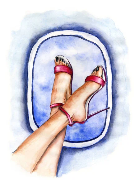 Aquarell Mode Illustration Anreise Mit Dem Flugzeug Mädchenbeine Modernen Rosafarbenen — Stockfoto
