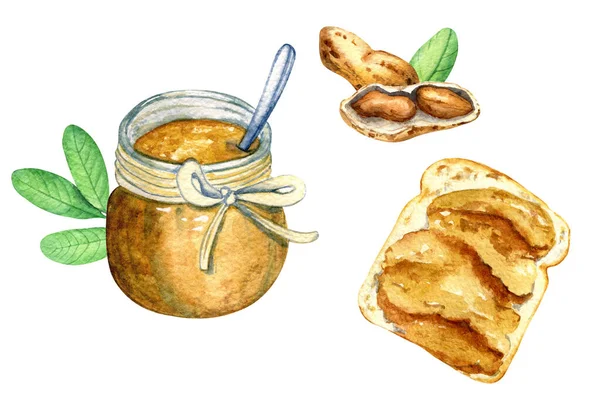 Akvarell Élelmiszer Művészet Illusztráció Mogyoróvajból Készült Készlet Szendvics Dióféle — Stock Fotó
