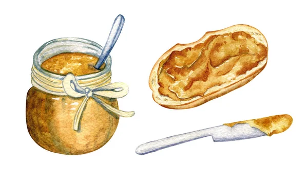 Illustration Art Alimentaire Aquarelle Ensemble Banque Beurre Arachide Sandwichs Noix — Photo