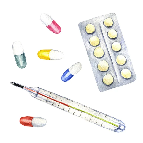 Watercolor Illustration Prevention Treatment Flu Colds Set Medicines — Stock Photo, Image
