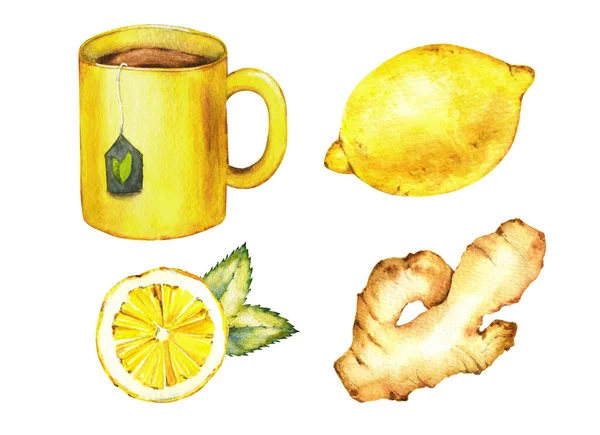 Akvarell Illusztráció Influenza Megfázás Megelőzése Kezelése Forró Tea Citrommal Gyömbérrel — Stock Fotó
