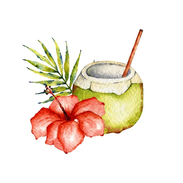 Akvarell Nyári Kollekció Összetétel Trópusi Levelekkel Virágokkal Gyümölcsökkel Hasznos Dekoráció — Stock Fotó