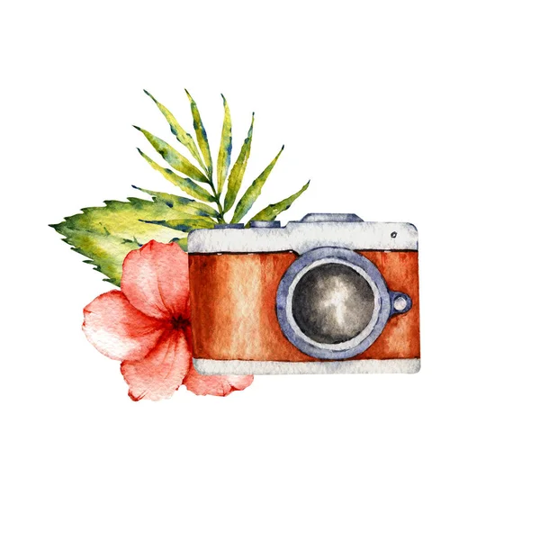 Acuarela Colección Verano Composición Con Hojas Tropicales Flores Fruta Gadget —  Fotos de Stock