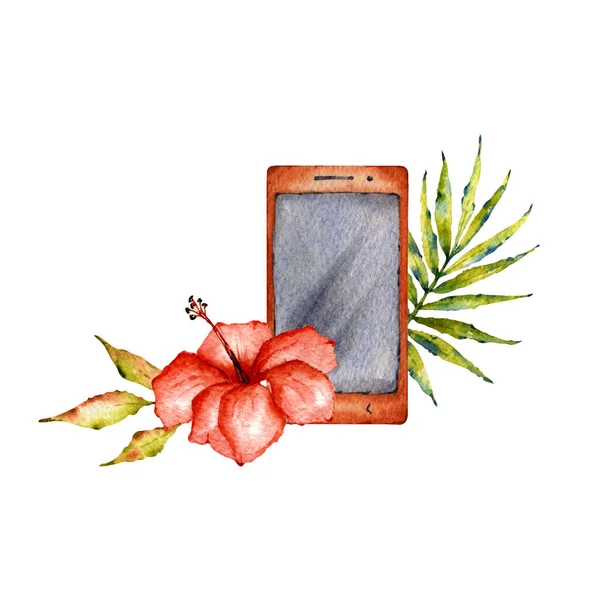 Akvarell Nyári Kollekció Összetétel Trópusi Levelekkel Virágokkal Gyümölcsökkel Kütyükkel Hasznos — Stock Fotó