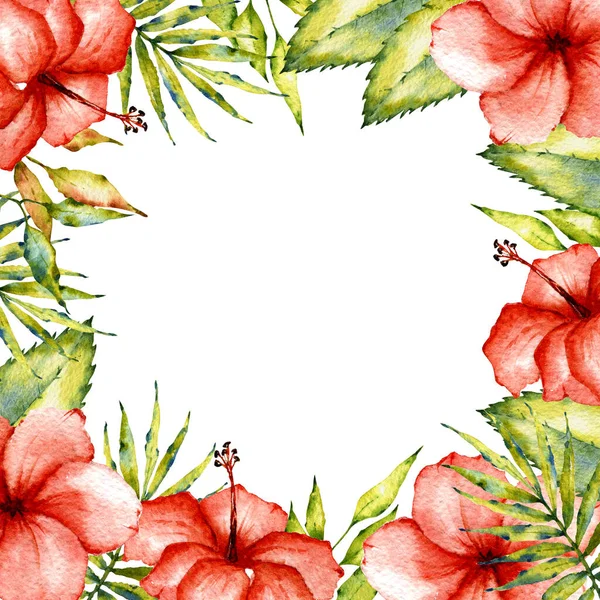 水彩夏のイラスト 熱帯の葉や花とのフレーム 招待状 結婚式の装飾 パターン 背景に便利な — ストック写真