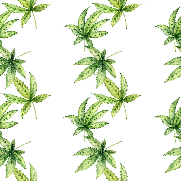 Ilustração Aquarela Arte Botânica Padrão Sem Costura Folhas Cannabis Verde — Fotografia de Stock