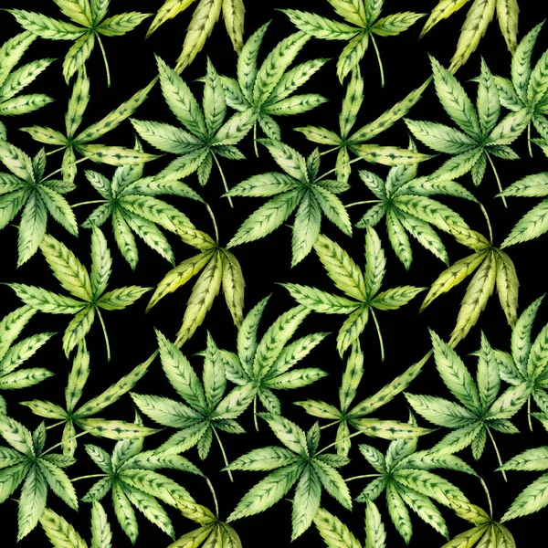 Aquarelillustratie Botanische Kunst Naadloos Patroon Van Groene Cannabisbladeren Donkere Achtergrond — Stockfoto