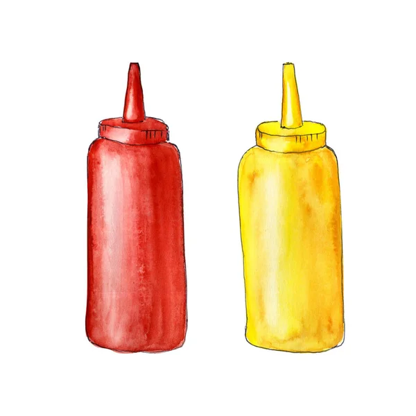 Akvarell Illustration Snabbmatskonst Burk Med Ketchup Och Senap — Stockfoto