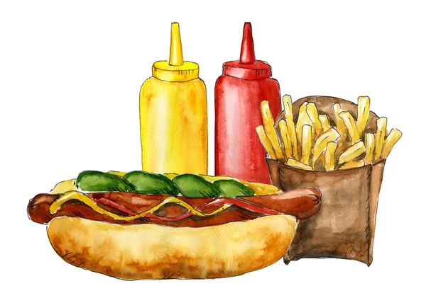 Ilustrace Akvarelů Umění Rychlého Občerstvení Sada Chutných Hot Dogů Hranolek — Stock fotografie