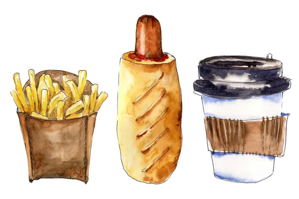Ilustracja Akwareli Sztuka Szybkiej Obsługi Zestaw Smacznych Hot Dogów Frytek — Zdjęcie stockowe
