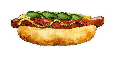 Suluboya çizimi. Fast food sanatı. Beyaz arka planda el yapımı lezzetli sosisli sandviç.