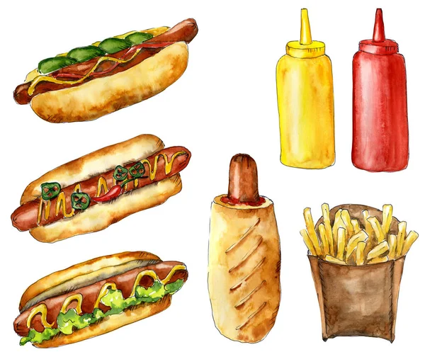 Watercolor Illustration Fast Food Art Set Tasty Hot Dog French — Stock Photo, Image