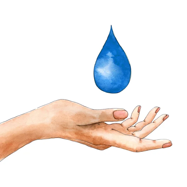 Aquarell Illustration Sparen Sie Das Wasser Zusammen Hand Mit Wassertropfen — Stockfoto