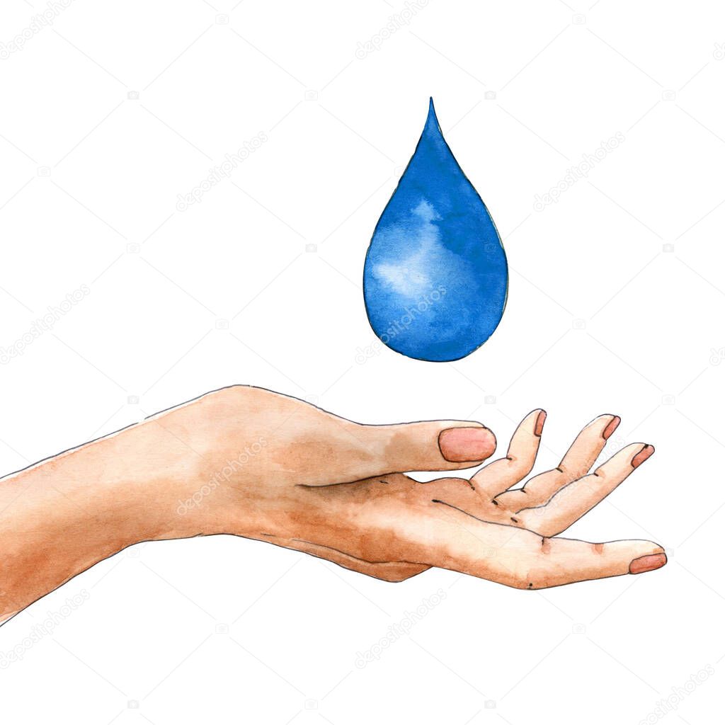 Watercolor Illustration. Save the water together. Hand with water drop. World oceans day, water day