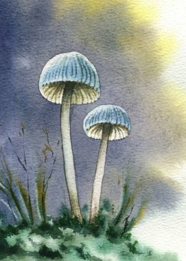 Elle boyanmış suluboya resimli koyu arkaplan. Bir kütüğün üzerinde zehirli renkli mantar mantarı. Cadılar Bayramı sanatı kadar kullanışlı.