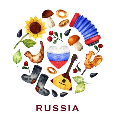 Rusya Günü. Suluboya resimleme, ulusal semboller, geleneksel bitkiler ve yiyecekler, oyuncaklar, bayrak, ulusal renkler