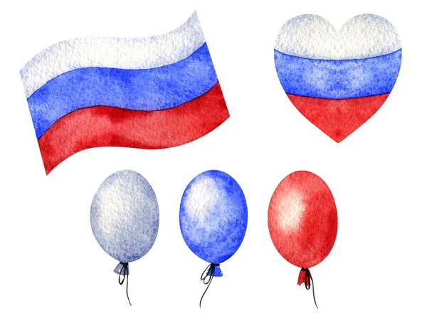 Tag Russlands Aquarell Illustration Fahne Herzform Luftballons Den Nationalfarben — Stockfoto