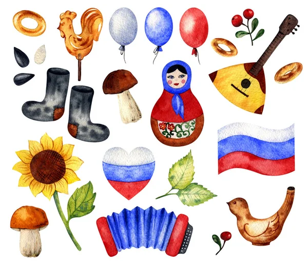 Rusya Günü. Suluboya illüstrasyon, ulusal semboller, geleneksel bitkiler ve yiyecekler, oyuncaklar, bayrak, ulusal renklerde hava balonları