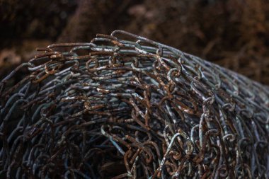 Paslı çelik tel örgü tel örgüler, yumuşak odaklı tel örgüler birbirine çok yakın. Parlak bir arka planda, tel örgülü tel örgüdeki tek halka.