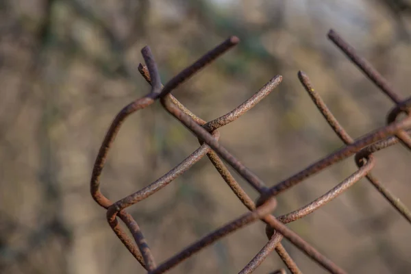 Rusty steel wire mesh fence,soft focus wire mesh close up.One link in a chain link fence Cross on a bright background