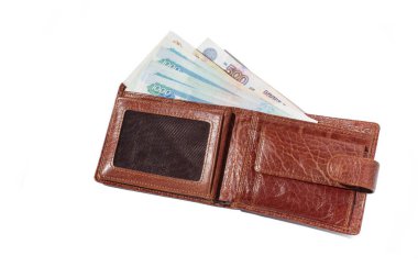 Beyaz arka plan üzerinde izole kahverengi deri cüzdan açmak