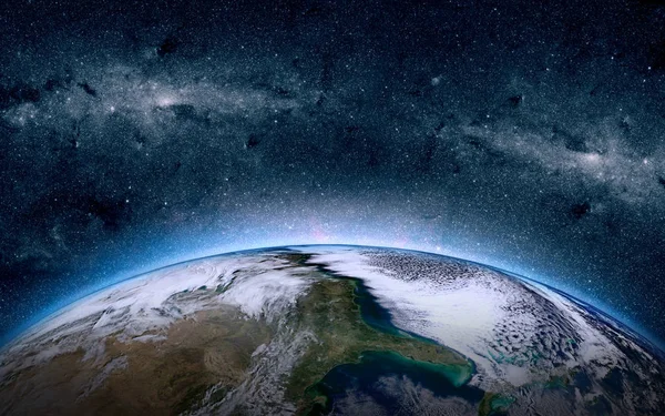 La Terre dans l'espace. Des étoiles sur le fond. Place pour le texte et l'infographie. Éléments de cette image fournis par la NASA . — Photo