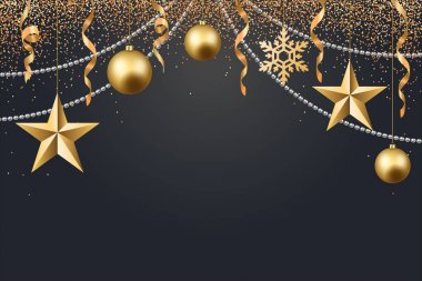 vektör çizimi Noel 2017 Noel top yıldız kar tanesi konfeti altın ve siyah arka plan renkleri