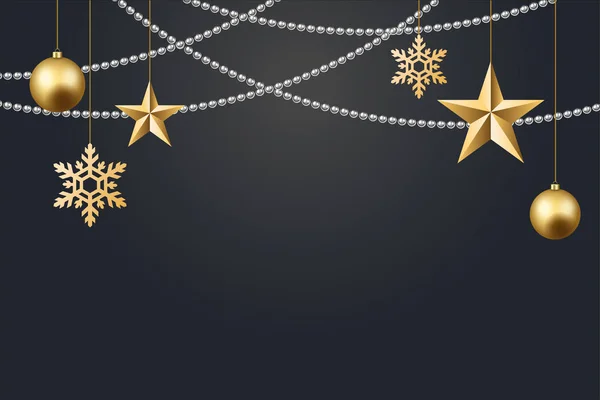 Vector ilustración de la Navidad 2017 fondo con la estrella de la bola de Navidad copo de nieve confeti oro y negro colores — Vector de stock