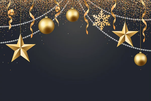 Vektör çizimi Noel 2017 Noel top yıldız kar tanesi konfeti altın ve siyah arka plan renkleri — Stok Vektör