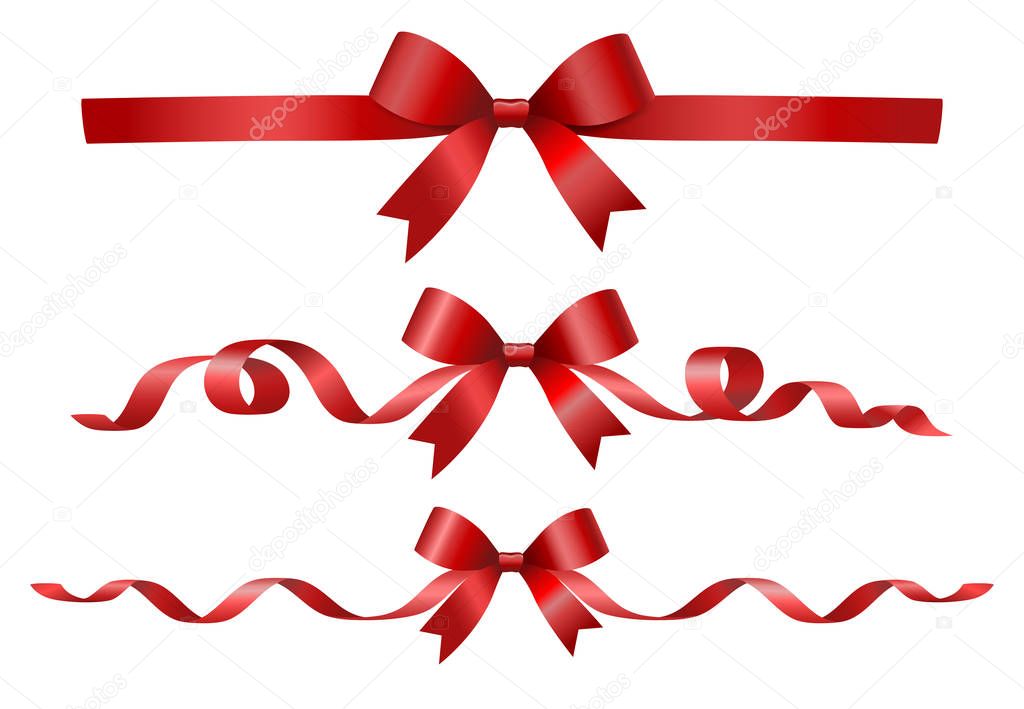 Set of decorative beautiful red bows with horizontal ribbons isolated on white. Vector bow