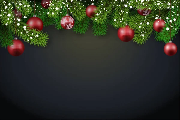 Neujahrshintergrund mit Fichtenzweigen und roten Weihnachtskugeln. — Stockvektor