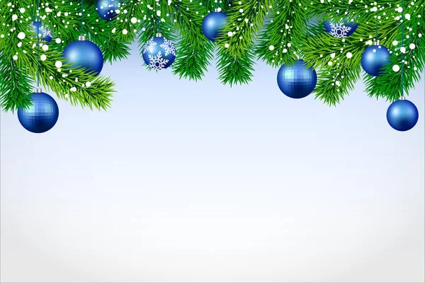 Neujahrsbanner mit Fichtenzweigen und blauen Weihnachtskugeln. — Stockvektor