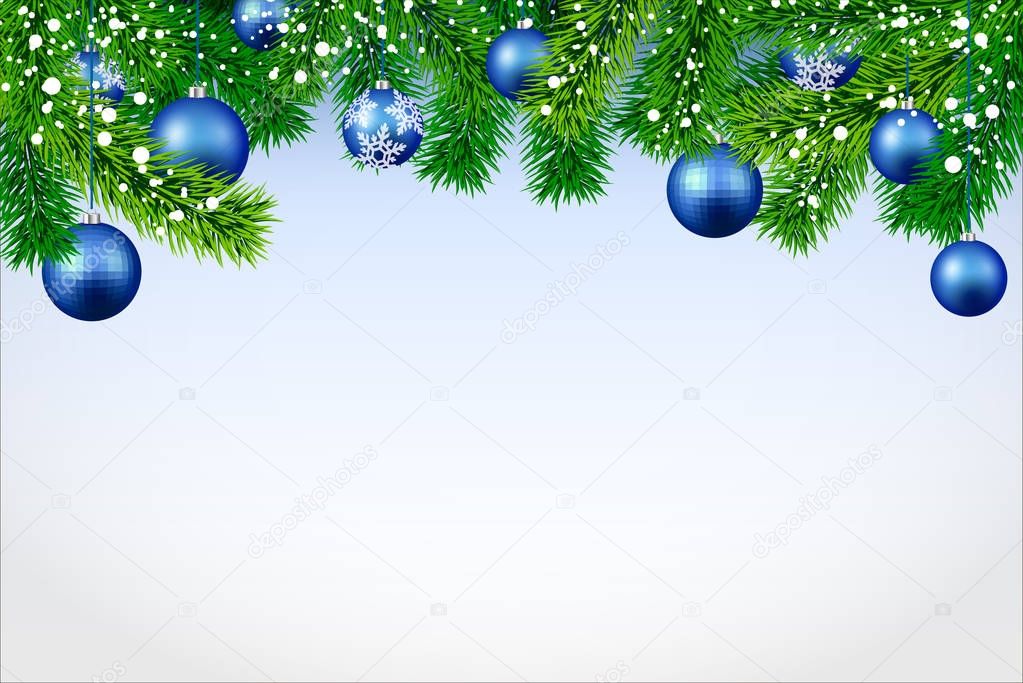 New Year banner with spruce branches and blue Christmas balls.