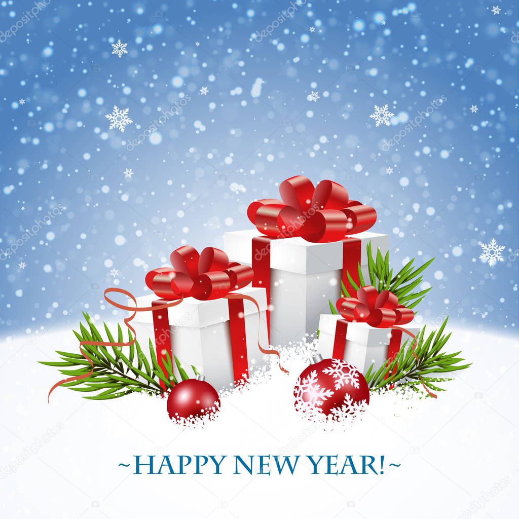 Merry Christmas and Happy New Year Card with gift box.