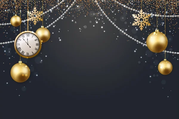 Vektör çizimi Noel 2017 Noel top yıldız kar tanesi konfeti altın ve siyah arka plan renkleri — Stok Vektör