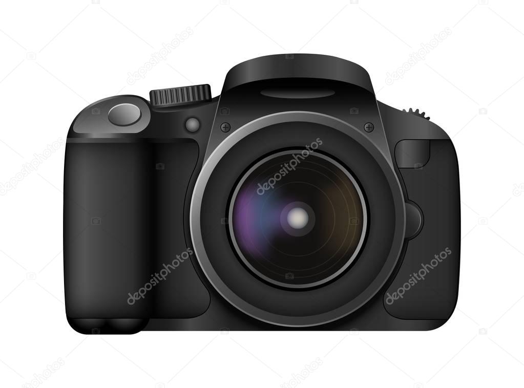 Realistic photo camera. Professional photo studio concept.