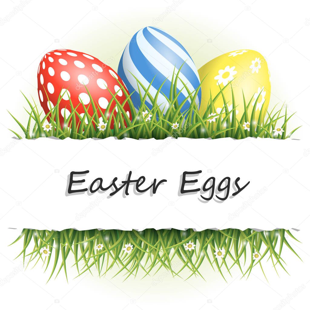 Easter background with eggs in grass and with copyspace