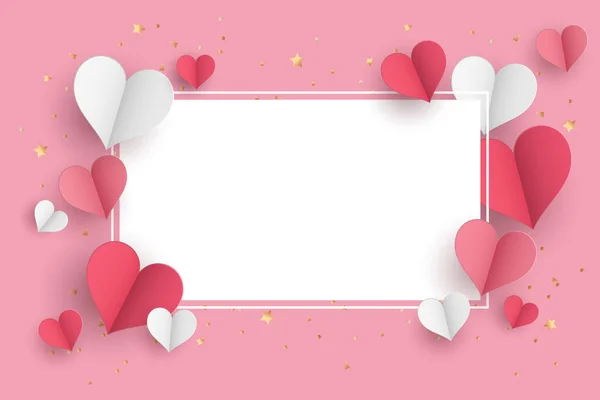 Concepto de San Valentín fondo. 3d corazones de papel rojo y rosa con marco cuadrado blanco. Lindo amor venta banner o tarjeta de felicitación — Vector de stock