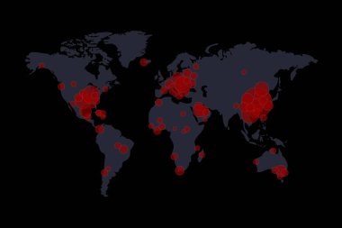 Covid-19, Covid 19 haritası dünya çapında vaka olduğunu doğruladı. Coronavirus hastalığı 2019 dünya çapında durum güncellemesi. Haritalar koronavirüsün nerede yayıldığını gösteriyor. Koyu gri arka planda grafikler..