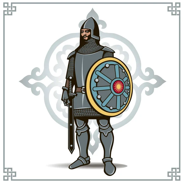 Векторный рыцарь в доспехах с мечом и щитом — стоковый вектор