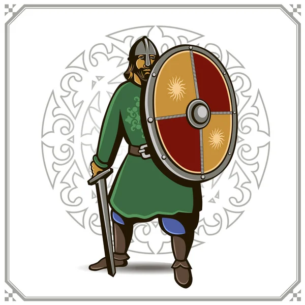 Vetor guerreiro eslavo com espada e escudo —  Vetores de Stock