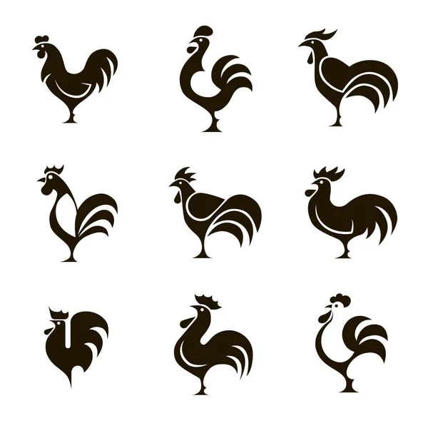 9 gallos de iconos en blanco y negro — Vector de stock