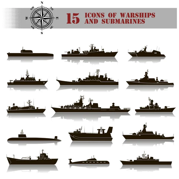15 Ikonen von Kriegsschiffen und U-Booten — Stockvektor