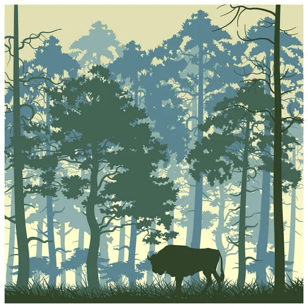 Vector nature landscape with a bison — Stock Vector