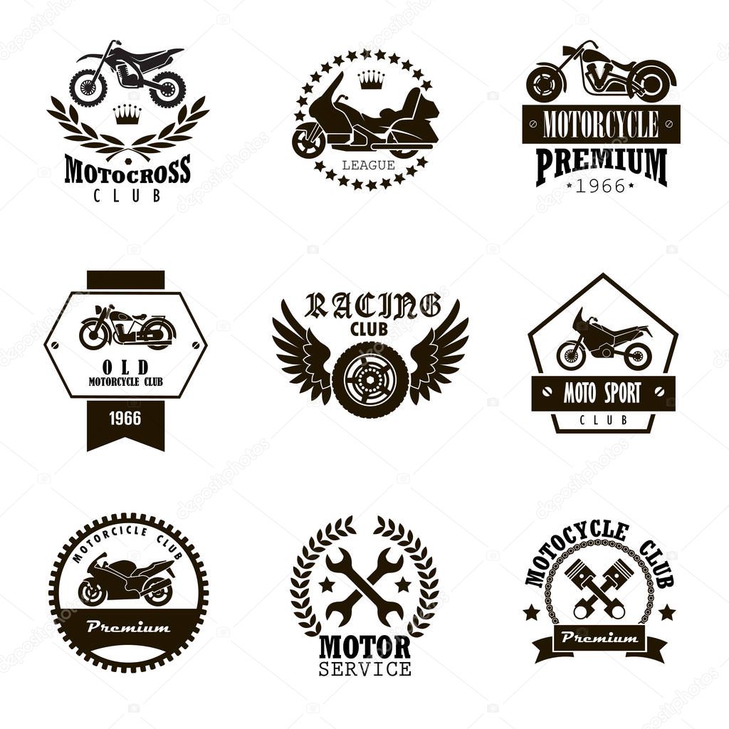 Vector set of black motorcycle club icons with inscriptions and different elements