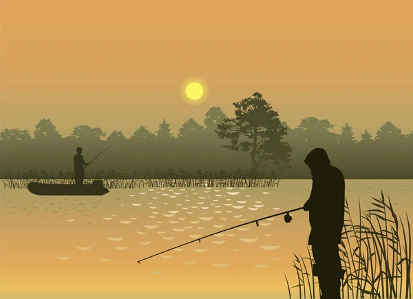 Vector image of fishermens on the lake — Stock Vector